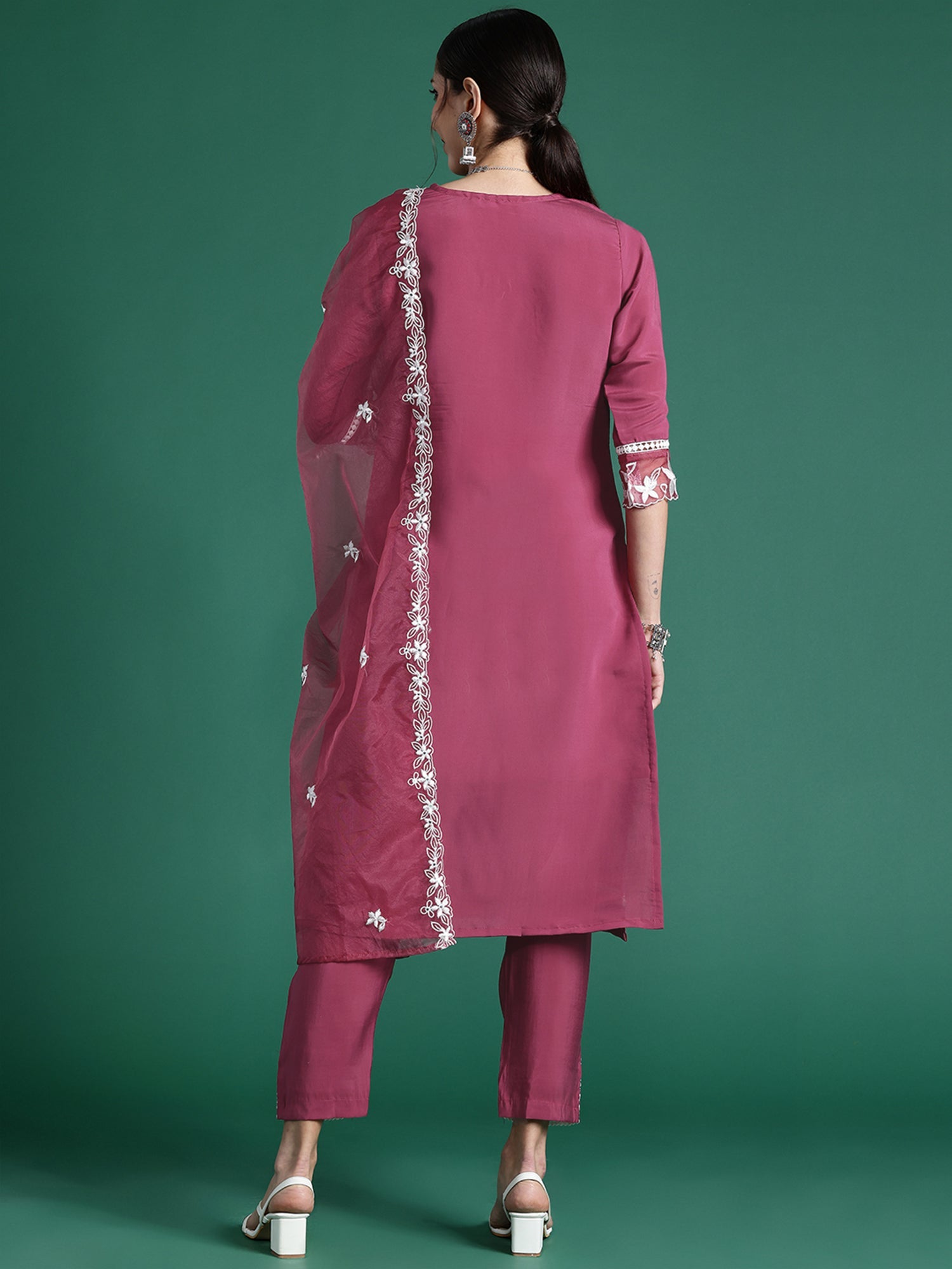 Indo Era Pink Embroidered Straight Kurta Trousers With Dupatta set | Grocsy