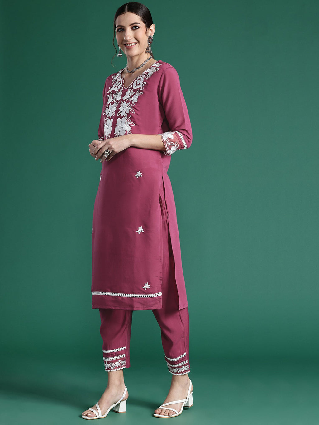 Indo Era Pink Embroidered Straight Kurta Trousers With Dupatta set | Grocsy