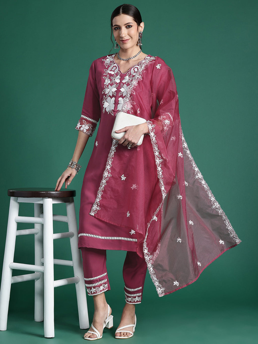 Indo Era Pink Embroidered Straight Kurta Trousers With Dupatta set | Grocsy