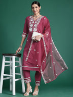 Indo Era Pink Embroidered Straight Kurta Trousers With Dupatta set | Grocsy