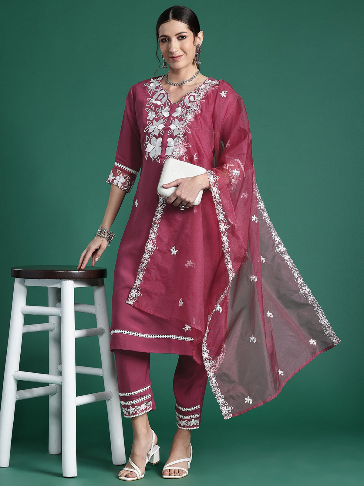 Indo Era Pink Embroidered Straight Kurta Trousers With Dupatta set | Grocsy