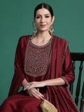 Indo Era Maroon Embroidered Straight Kurta Trousers With Dupatta set | Grocsy