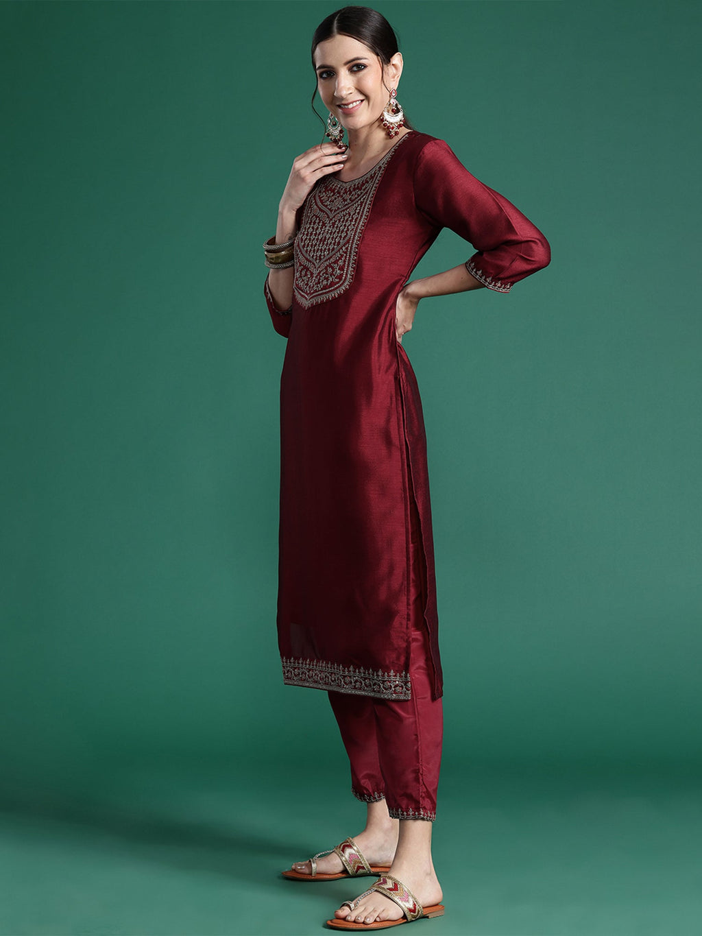 Indo Era Maroon Embroidered Straight Kurta Trousers With Dupatta set | Grocsy
