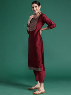 Indo Era Maroon Embroidered Straight Kurta Trousers With Dupatta set | Grocsy