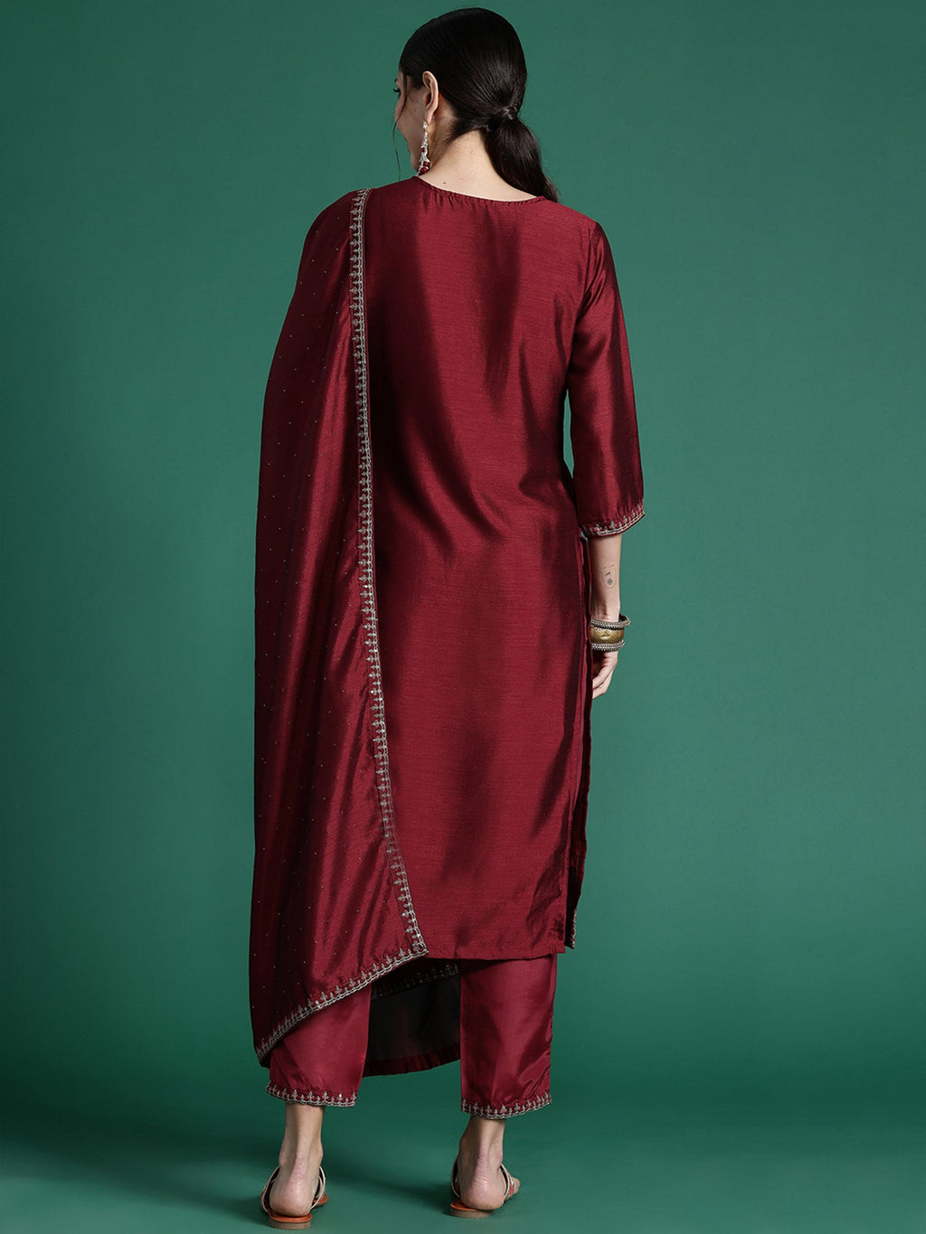 Indo Era Maroon Embroidered Straight Kurta Trousers With Dupatta set | Grocsy