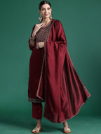 Indo Era Maroon Embroidered Straight Kurta Trousers With Dupatta set | Grocsy