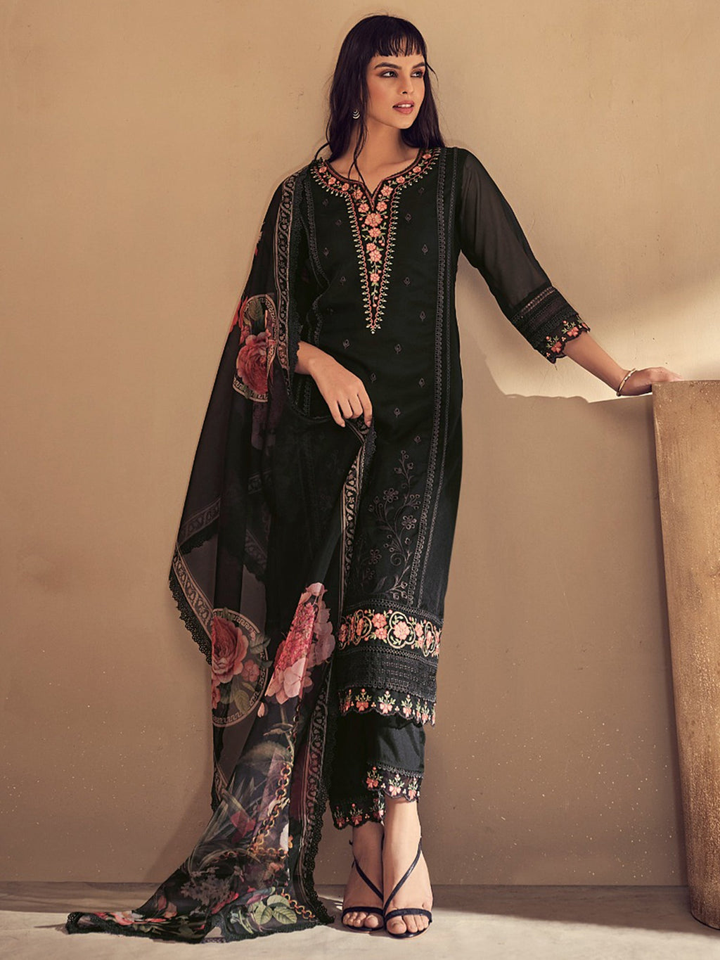 Indo Era Black Embroidered Straight Kurta Trousers With Dupatta set | Grocsy