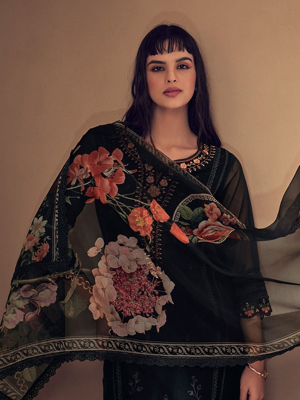 Indo Era Black Embroidered Straight Kurta Trousers With Dupatta set | Grocsy