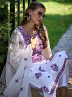 Indo Era White Embroidered Straight Kurta Trousers With Dupatta set | Grocsy