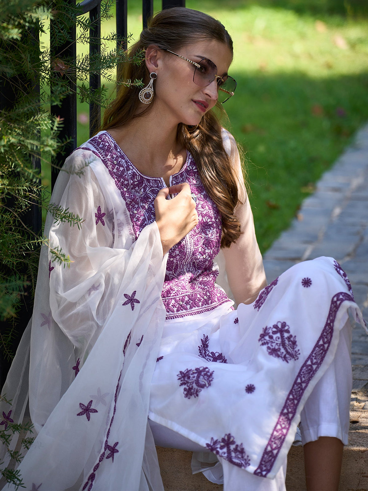 Indo Era White Embroidered Straight Kurta Trousers With Dupatta set | Grocsy