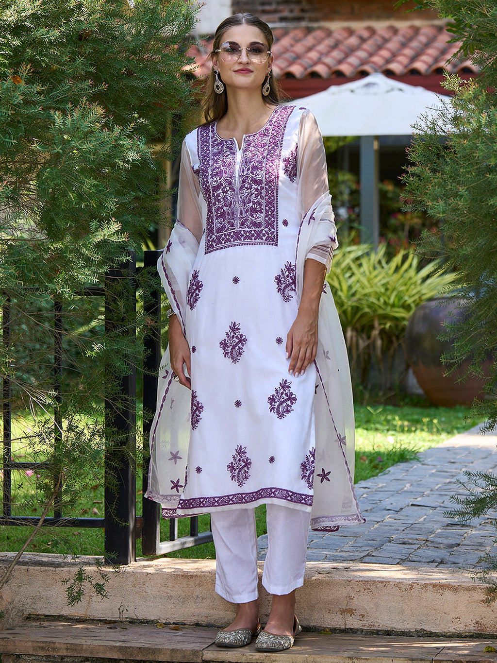 Indo Era White Embroidered Straight Kurta Trousers With Dupatta set | Grocsy