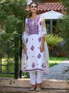 Indo Era White Embroidered Straight Kurta Trousers With Dupatta set | Grocsy