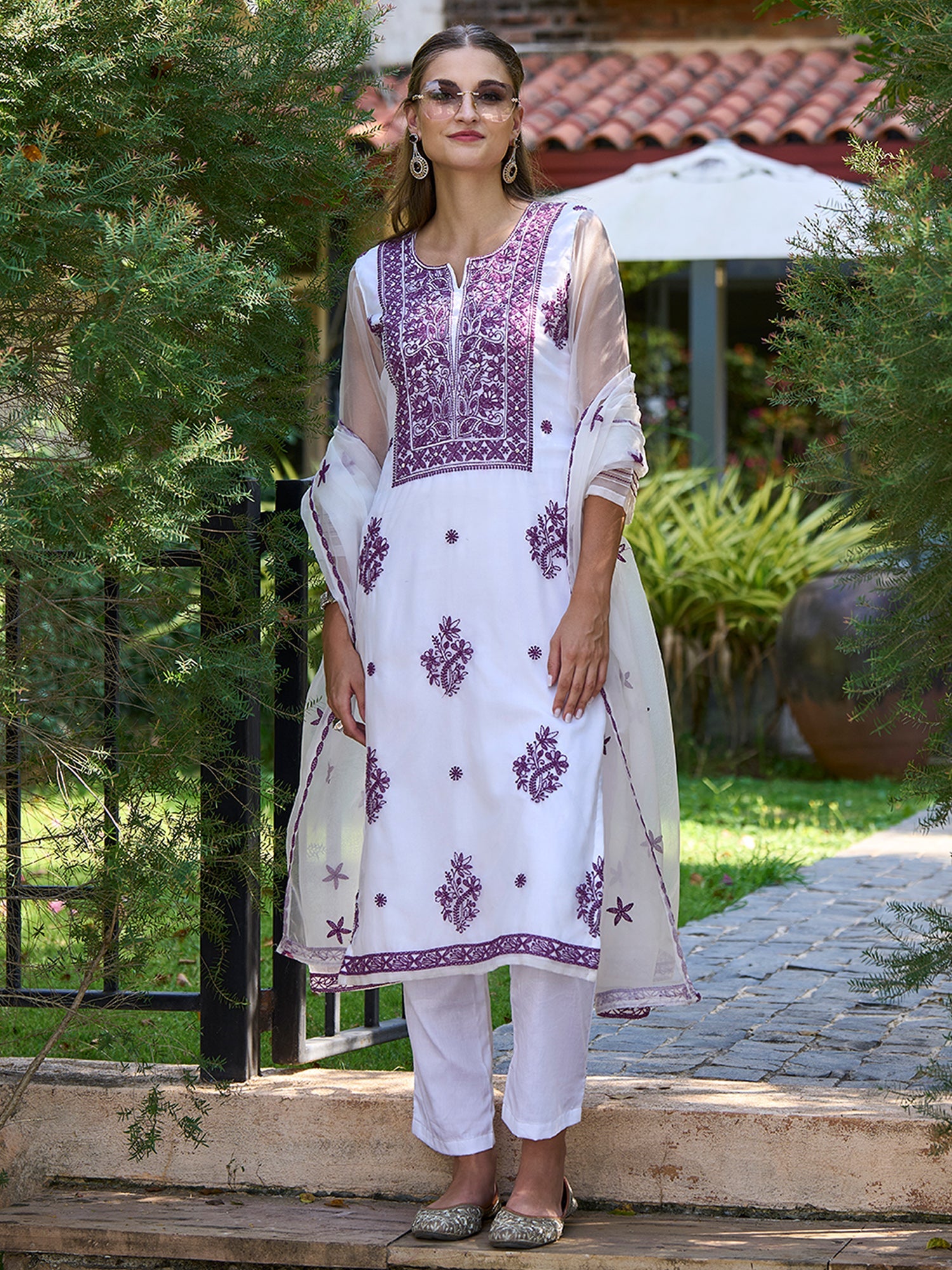 Indo Era White Embroidered Straight Kurta Trousers With Dupatta set | Grocsy
