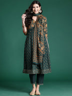 Indo Era Green Printed A-Line Kurta Trousers With Dupatta set | Grocsy