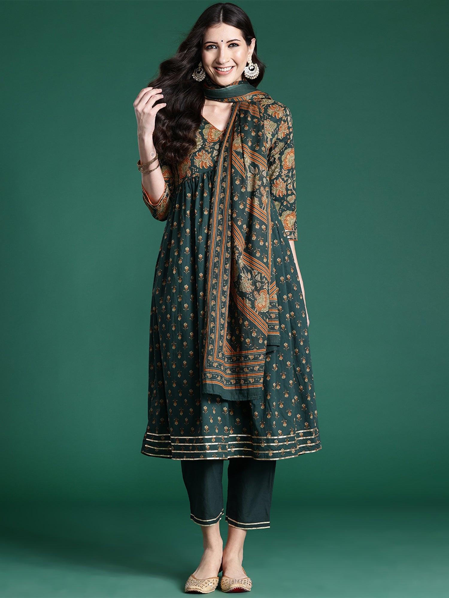 Indo Era Green Printed A-Line Kurta Trousers With Dupatta set | Grocsy