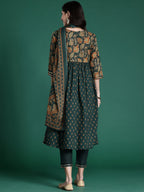 Indo Era Green Printed A-Line Kurta Trousers With Dupatta set | Grocsy
