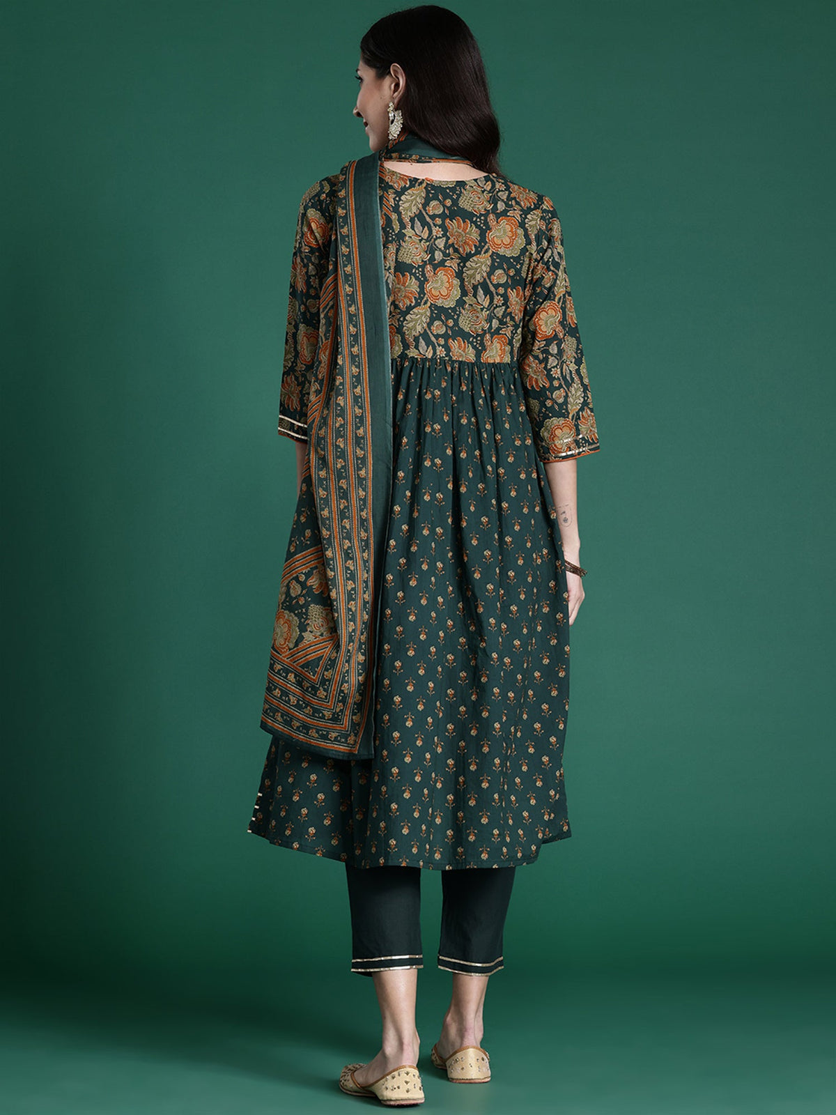 Indo Era Green Printed A-Line Kurta Trousers With Dupatta set | Grocsy