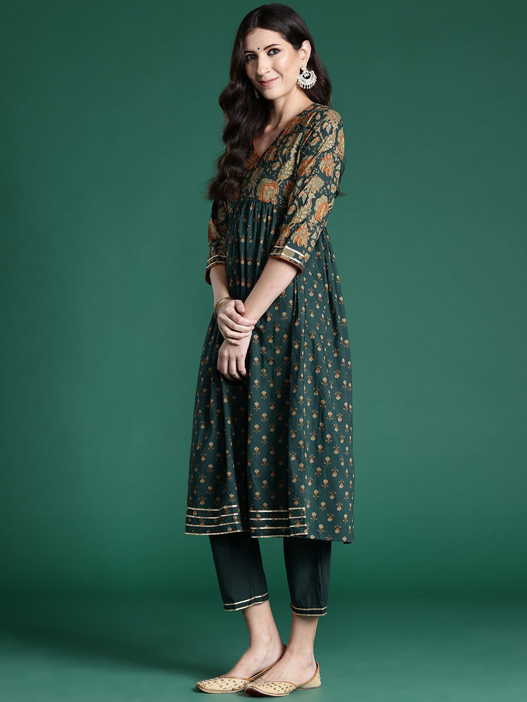 Indo Era Green Printed A-Line Kurta Trousers With Dupatta set | Grocsy