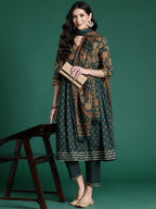 Indo Era Green Printed A-Line Kurta Trousers With Dupatta set | Grocsy