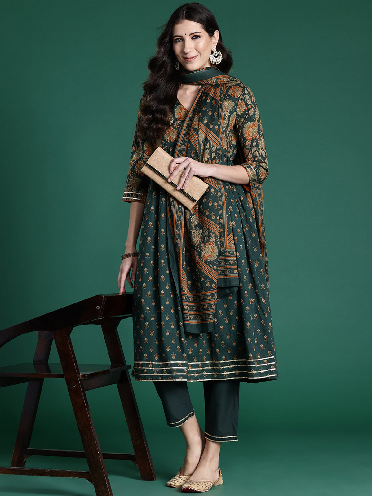 Indo Era Green Printed A-Line Kurta Trousers With Dupatta set | Grocsy
