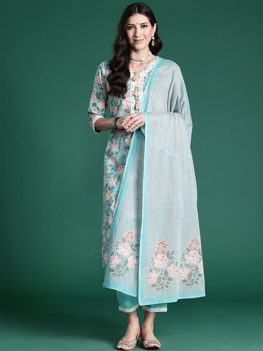 Indo Era Blue Printed Straight Kurta Trousers With Dupatta set | Grocsy