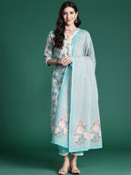 Indo Era Blue Printed Straight Kurta Trousers With Dupatta set | Grocsy