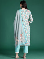 Indo Era Blue Printed Straight Kurta Trousers With Dupatta set | Grocsy