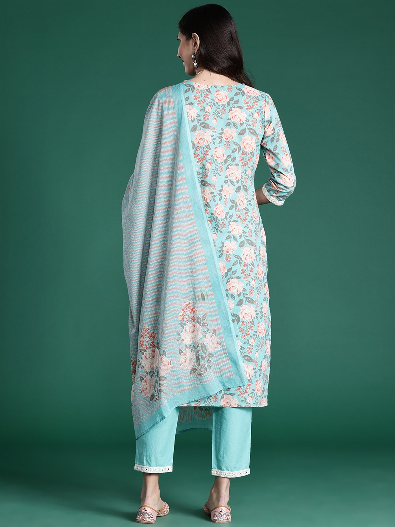 Indo Era Blue Printed Straight Kurta Trousers With Dupatta set | Grocsy