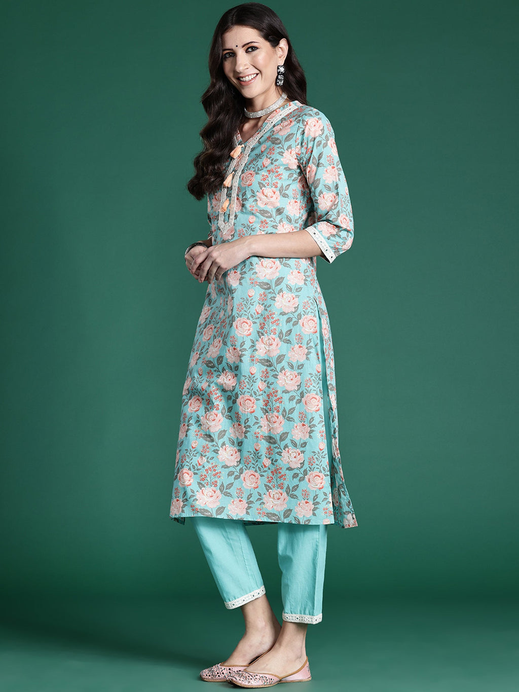 Indo Era Blue Printed Straight Kurta Trousers With Dupatta set | Grocsy