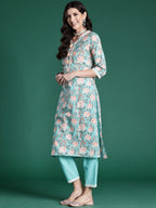 Indo Era Blue Printed Straight Kurta Trousers With Dupatta set | Grocsy