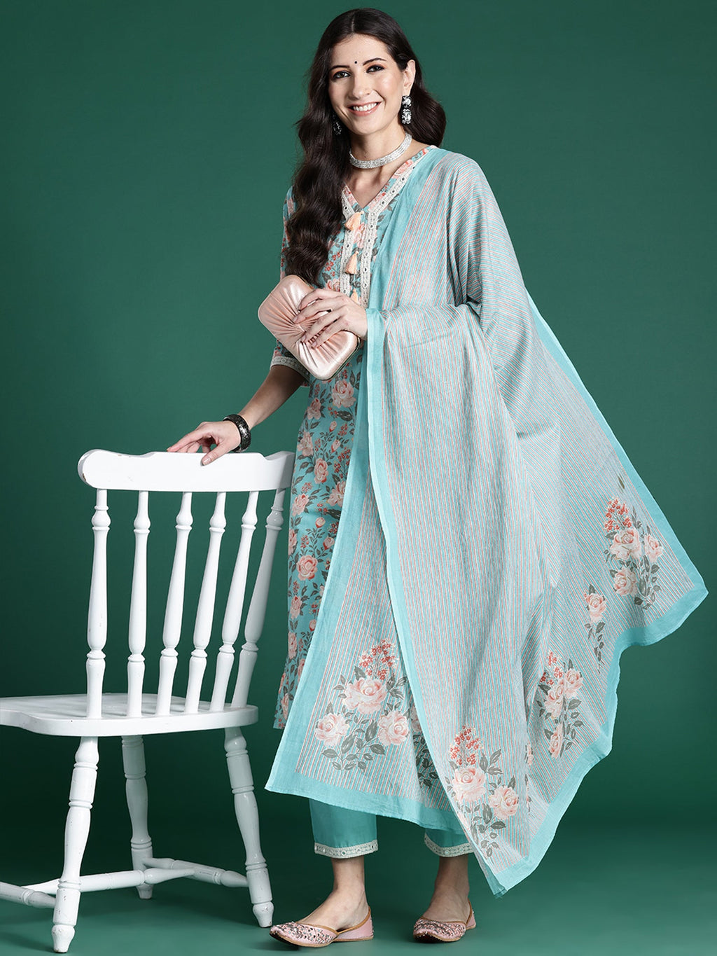 Indo Era Blue Printed Straight Kurta Trousers With Dupatta set | Grocsy