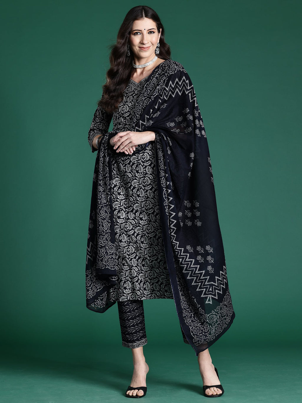 Indo Era Black Printed Straight Kurta Trousers With Dupatta set | Grocsy