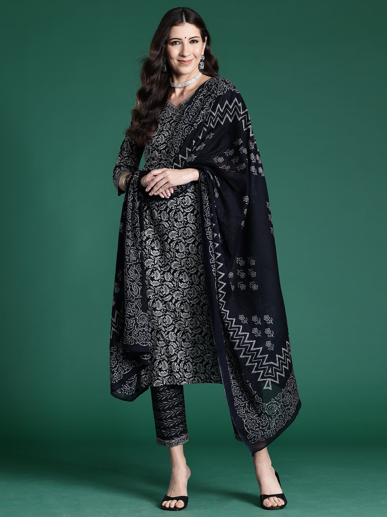Indo Era Black Printed Straight Kurta Trousers With Dupatta set | Grocsy