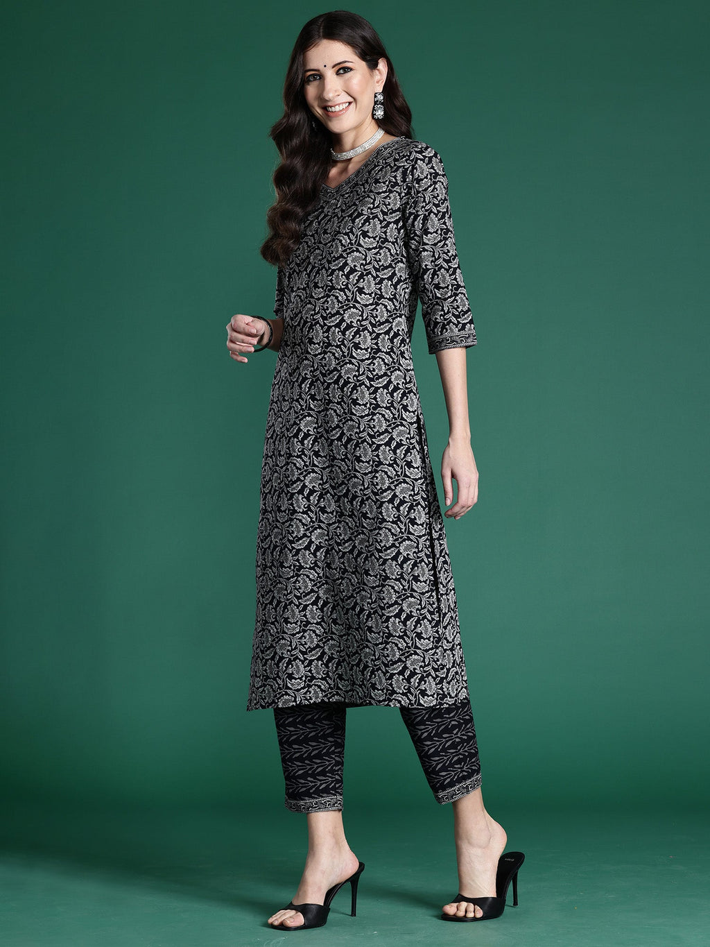 Indo Era Black Printed Straight Kurta Trousers With Dupatta set | Grocsy
