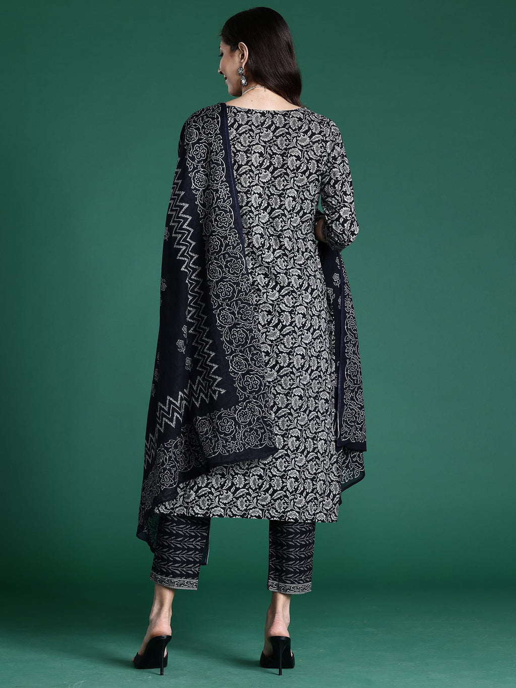 Indo Era Black Printed Straight Kurta Trousers With Dupatta set | Grocsy