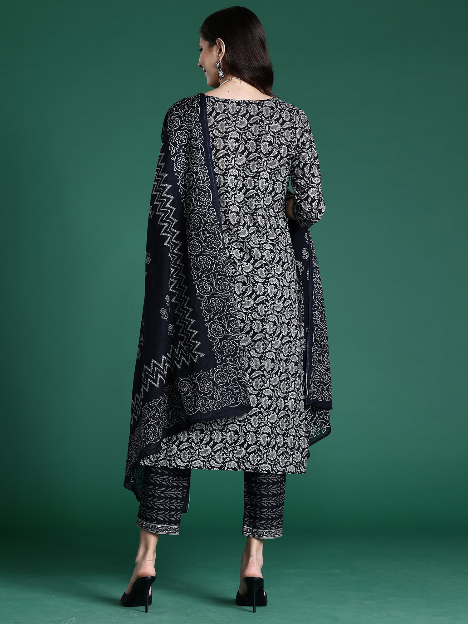 Indo Era Black Printed Straight Kurta Trousers With Dupatta set | Grocsy