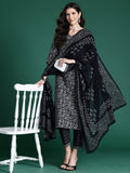 Indo Era Black Printed Straight Kurta Trousers With Dupatta set | Grocsy
