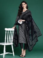 Indo Era Black Printed Straight Kurta Trousers With Dupatta set | Grocsy