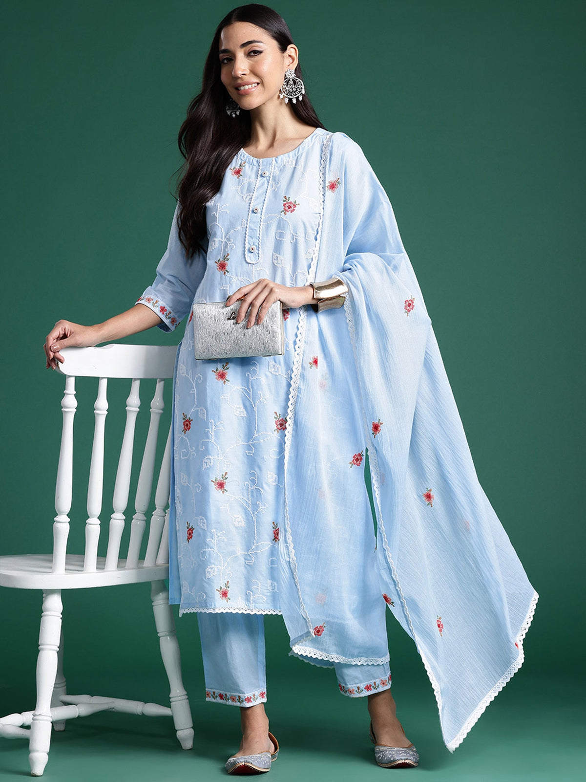 Indo Era Blue Embroidered Straight Kurta Trousers With Dupatta set | Grocsy