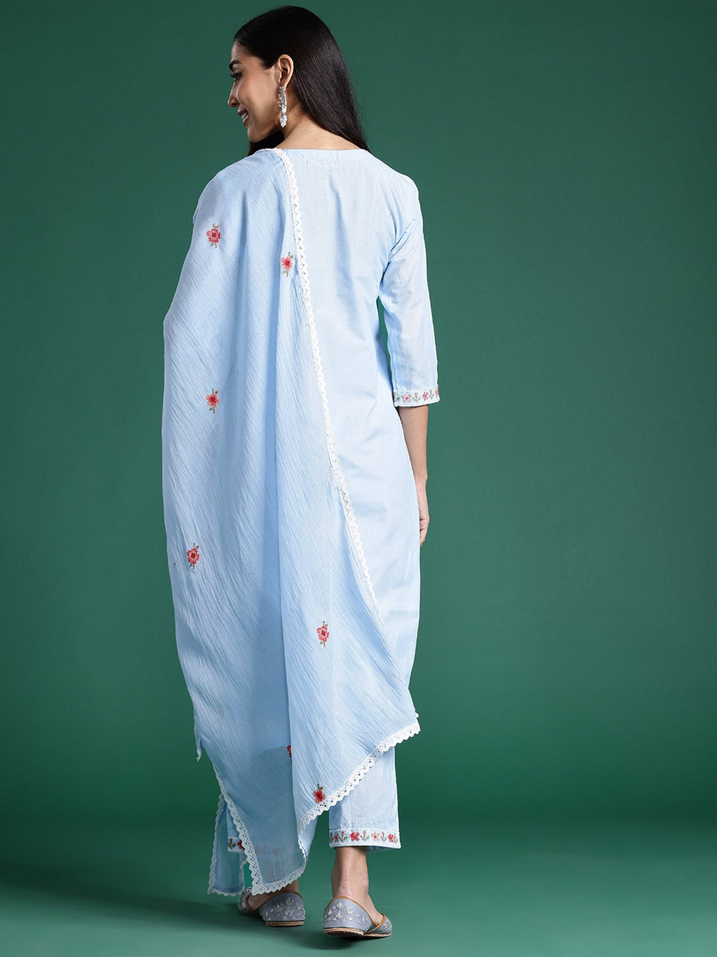 Indo Era Blue Embroidered Straight Kurta Trousers With Dupatta set | Grocsy