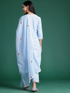 Indo Era Blue Embroidered Straight Kurta Trousers With Dupatta set | Grocsy