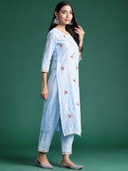 Indo Era Blue Embroidered Straight Kurta Trousers With Dupatta set | Grocsy