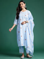Indo Era Blue Embroidered Straight Kurta Trousers With Dupatta set | Grocsy