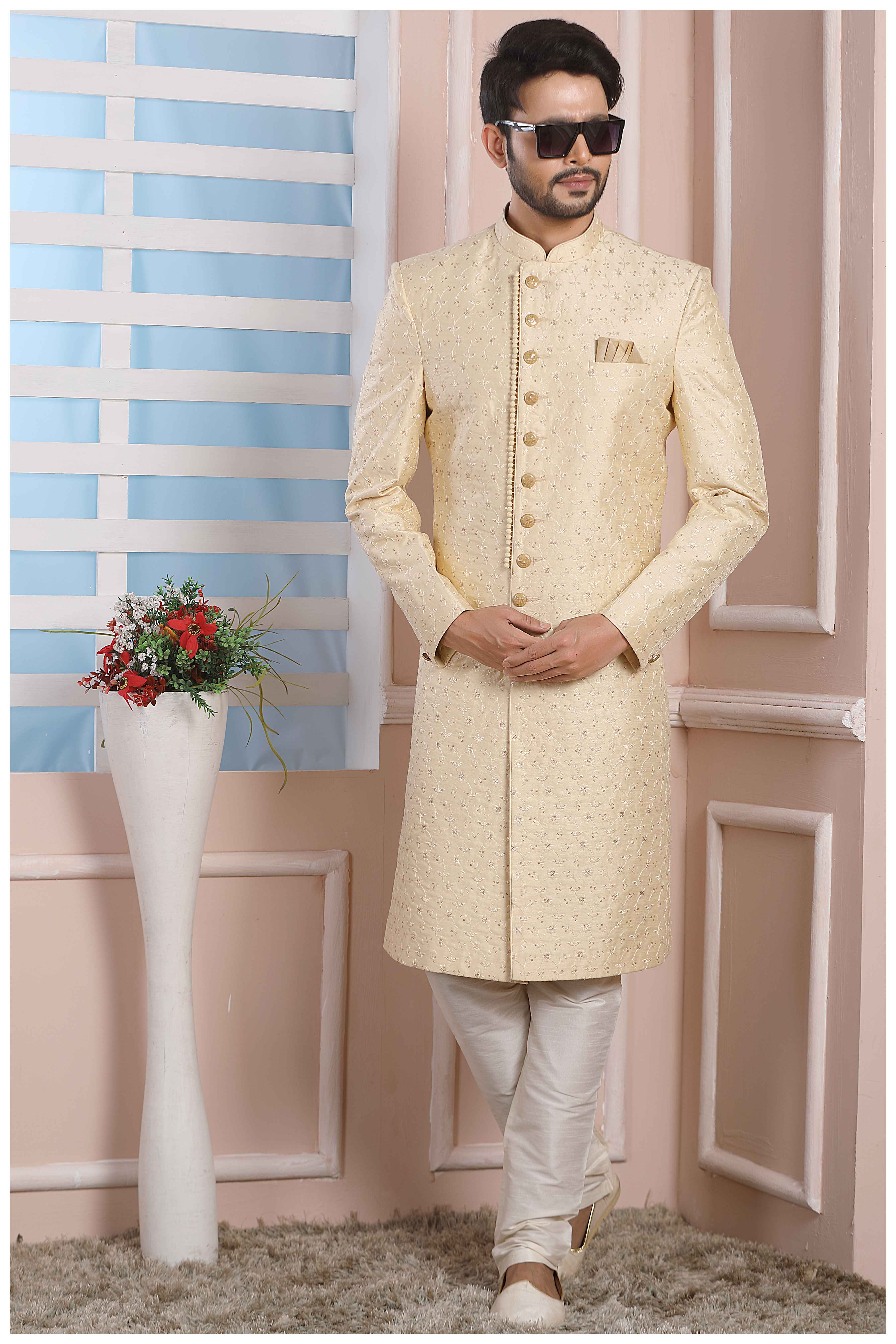 Raivat Ethnic Art Silk Thread Work Indo Western In Cream Colour | Grocsy