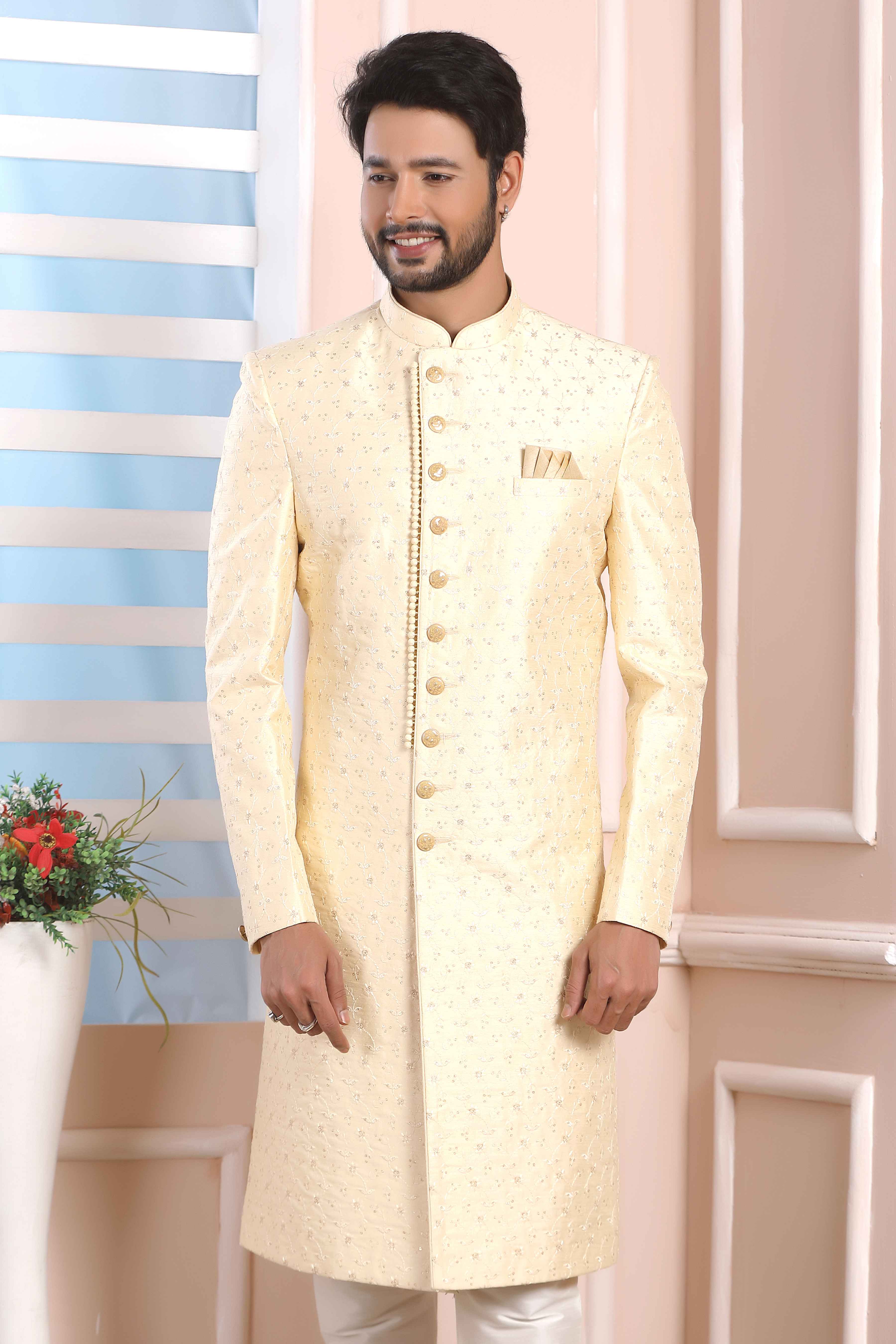 Raivat Ethnic Art Silk Thread Work Indo Western In Cream Colour | Grocsy