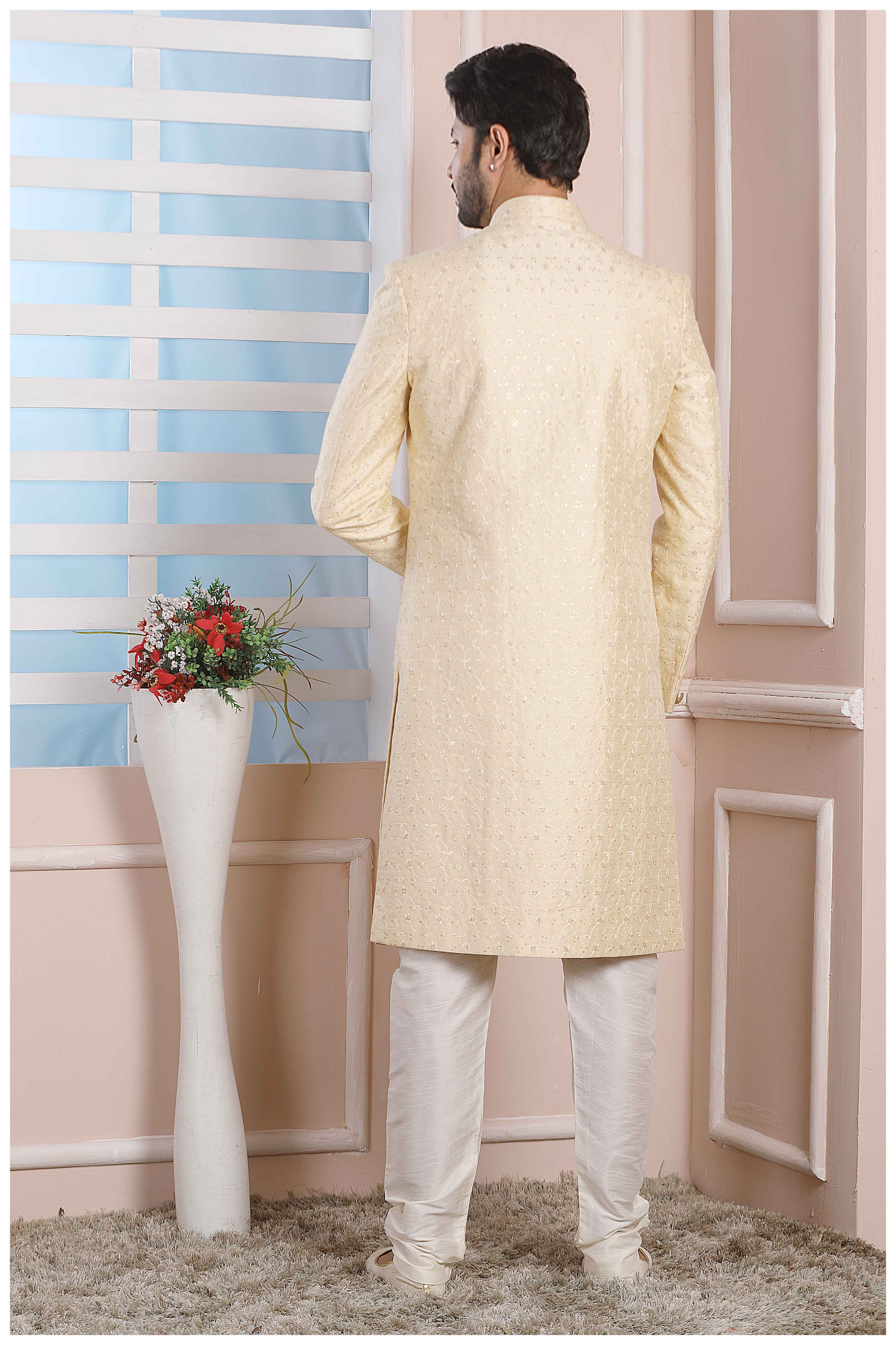Raivat Ethnic Art Silk Thread Work Indo Western In Cream Colour | Grocsy