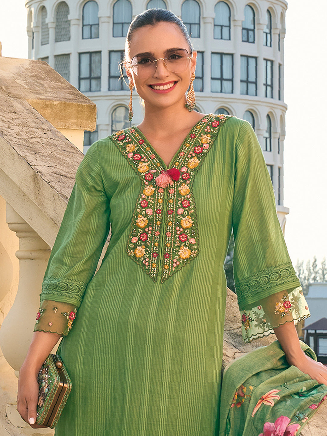 Indo Era Green Embroidered Straight Kurta Trousers With Dupatta set | Grocsy