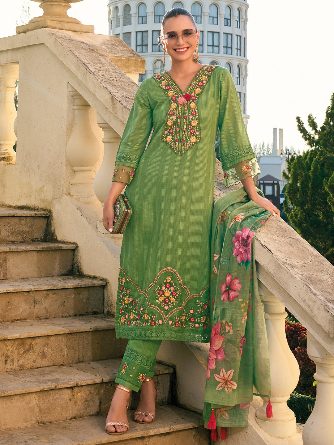 Indo Era Green Embroidered Straight Kurta Trousers With Dupatta set | Grocsy