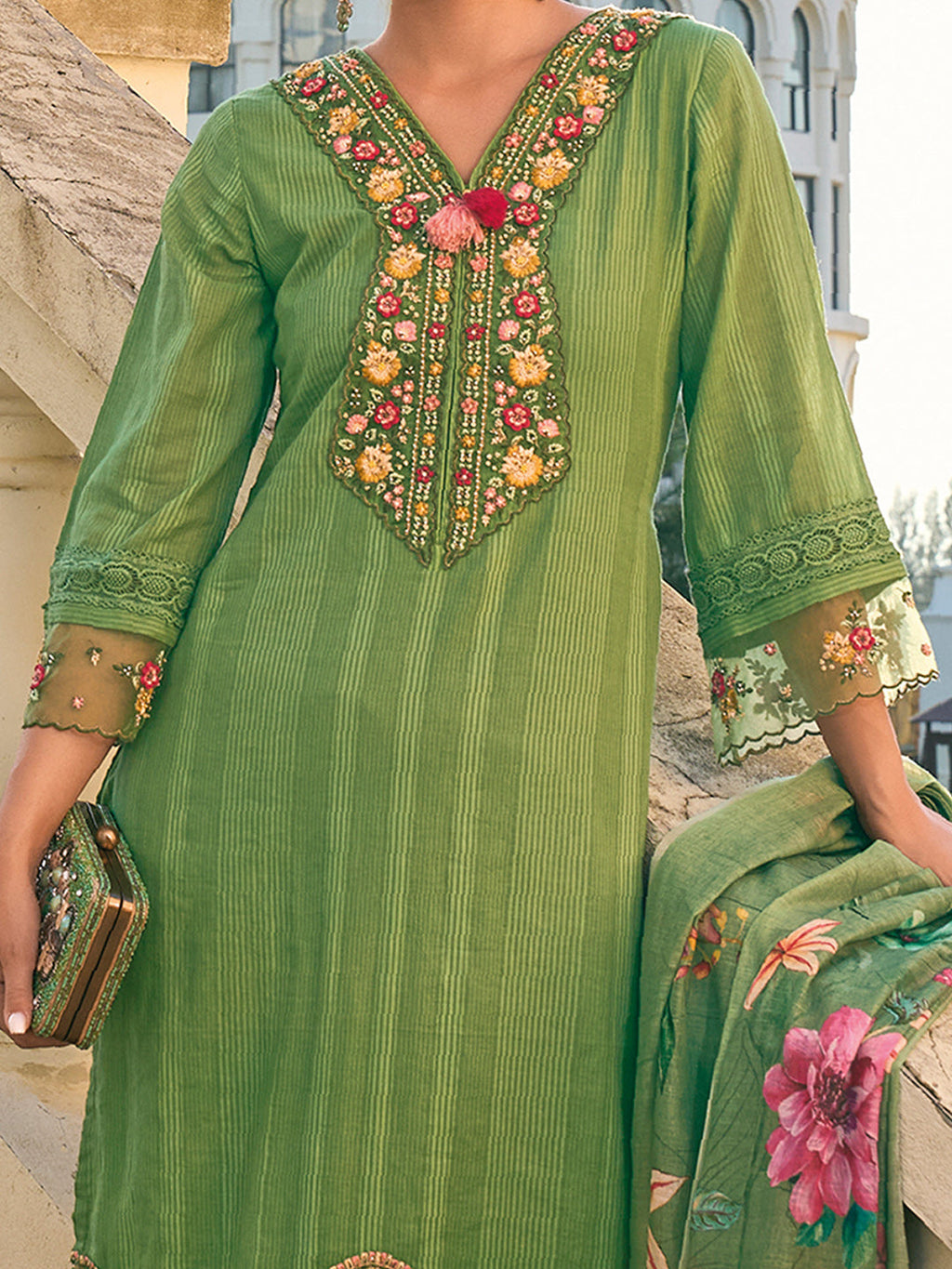 Indo Era Green Embroidered Straight Kurta Trousers With Dupatta set | Grocsy