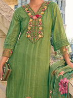 Indo Era Green Embroidered Straight Kurta Trousers With Dupatta set | Grocsy
